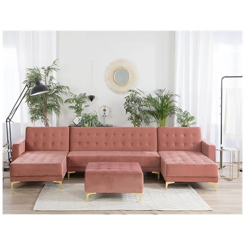 Divano A Forma Di U Con Ottomana Aberdeen Rosa Velluto Simmetrico - Foto 8
