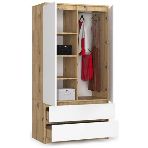 Armadio A 2 Ante Battenti E Cassetti S90, 90x51x180 cm, Colore Quercia Artisan e Bianco - Foto 2