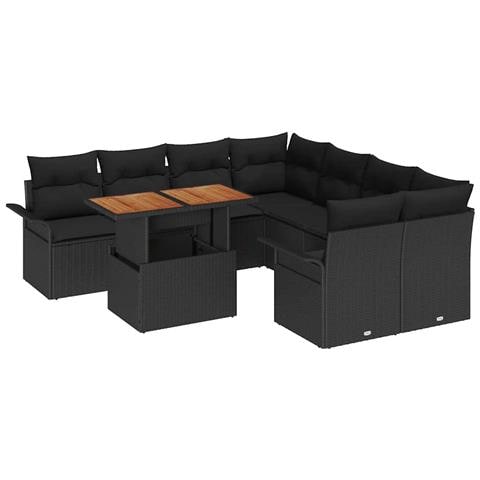 Set da Giardino 9 Pezzi con Cuscini Nero Rattan Poliacetato - Foto 1