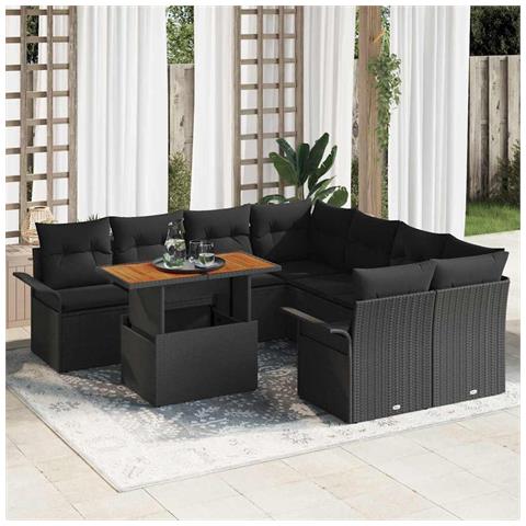 Set da Giardino 9 Pezzi con Cuscini Nero Rattan Poliacetato - Foto 2