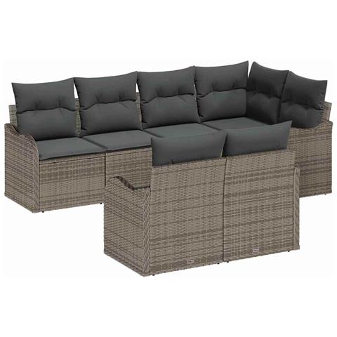 Set di Divani da Giardino 7 Pezzi con Cuscini Grigio Polyrattan, Divano da Giardino 2 Posti con Contenitore e Cuscini Grigio Polyrattan - Foto 1