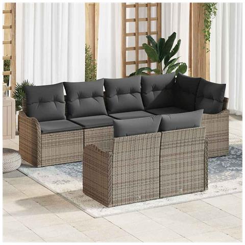 Set di Divani da Giardino 7 Pezzi con Cuscini Grigio Polyrattan, Divano da Giardino 2 Posti con Contenitore e Cuscini Grigio Polyrattan - Foto 2