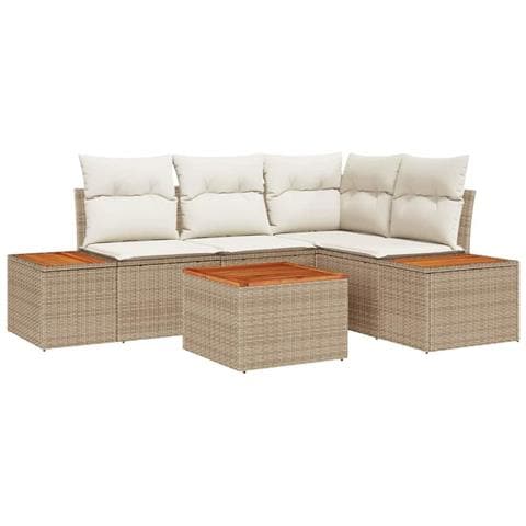Set di Divani da Giardino da 5 Pezzi con Cuscini Beige Polirattan Acacia - Foto 1