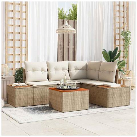 Set di Divani da Giardino da 5 Pezzi con Cuscini Beige Polirattan Acacia - Foto 2