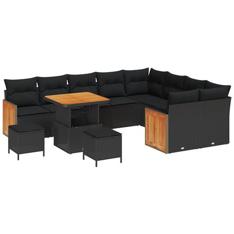 Set Divano da Giardino  12 Pezzi con Cuscini Nero Polyrattan Acacia, Set da Pranzo da Giardino  3 Pezzi con Cuscini Nero Polyrattan Acacia - Foto 1
