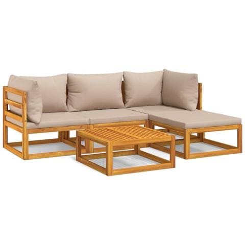 Set Salotto da Giardino 5pz con Cuscini Tortora Legno Massello - Foto 1