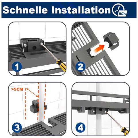 Mensola Doccia Senza Foratura Per Asta 18-25 Mm Con Ganci Grigio Scuro - Foto 2