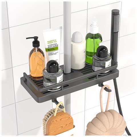 Mensola Doccia Senza Foratura Per Asta 18-25 Mm Con Ganci Grigio Scuro - Foto 1