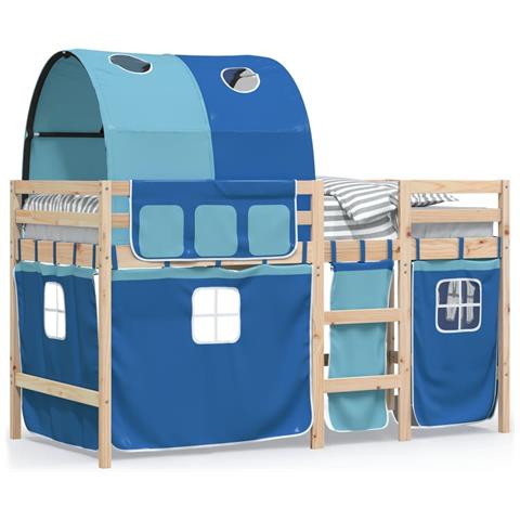 Letto a Soppalco con Tunnel Bambini Blu 90x190cm Massello Pino - Foto 1