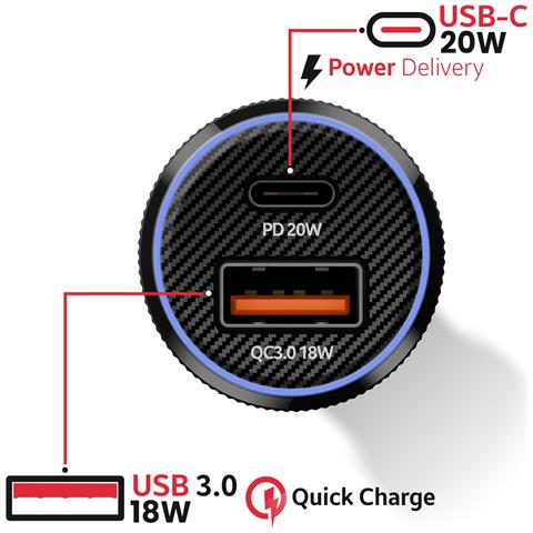 Caricatore Per Auto A Ricarica Rapida 20w Usb-c Power Delivery E Usb 3.0, Nero - Foto 5