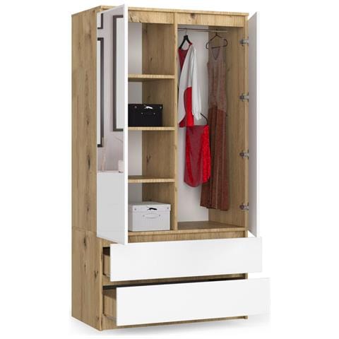 Armadio A 2 Ante Battenti E Cassetti S90 con specchio, 90x51x180 cm, Colore Quercia Artisan e Bianco - Foto 2
