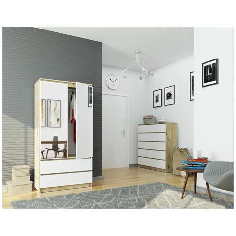 Armadio A 2 Ante Battenti E Cassetti S90 con specchio, 90x51x180 cm, Colore Quercia Artisan e Bianco - Foto 4