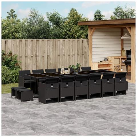 Set Da Pranzo Da Giardino 17 Pz Con Cuscini Nero In Polyrattan - Foto 1