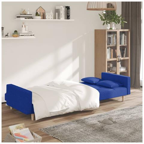 Divano Letto A 2 Posti Con 2 Cuscini Blu In Tessuto - Foto 2