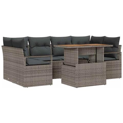 Set di Divani da Giardino 7 Pezzi con Cuscini Grigio Rattan Poliacacia, Divano da Giardino 2 Posti con Cuscini Grigio Rattan Poliacacia - Foto 1