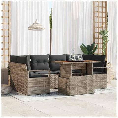Set di Divani da Giardino 7 Pezzi con Cuscini Grigio Rattan Poliacacia, Divano da Giardino 2 Posti con Cuscini Grigio Rattan Poliacacia - Foto 2