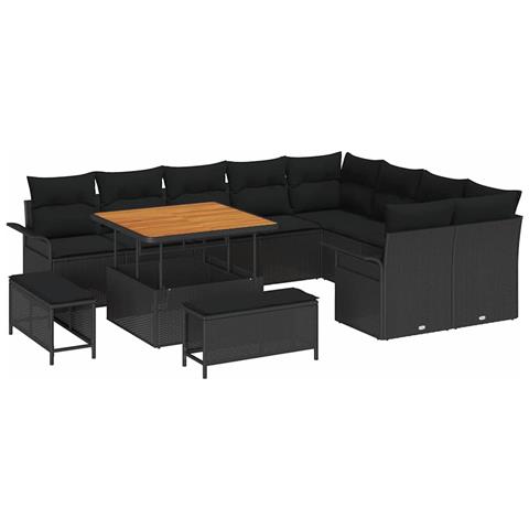 Set Divano da Giardino  12 Pezzi con Cuscini Nero Rattan Sintetico Acacia, Set da Pranzo da Giardino  3 Pezzi con Cuscini Nero Rattan Sintetico Acacia, Divano da Giardino a Due Posti con Cuscini  Nero Rattan Sintetico - Foto 1