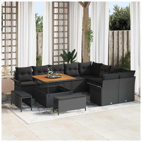 Set Divano da Giardino  12 Pezzi con Cuscini Nero Rattan Sintetico Acacia, Set da Pranzo da Giardino  3 Pezzi con Cuscini Nero Rattan Sintetico Acacia, Divano da Giardino a Due Posti con Cuscini  Nero Rattan Sintetico - Foto 2