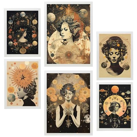 Set Di 6 Stampe Pittura Decorativa Surreale Collage In Femminile E Mistico Esoterico Incorniciato Con Illustrazioni A3 & A4 Cornice Bianca - Foto 1