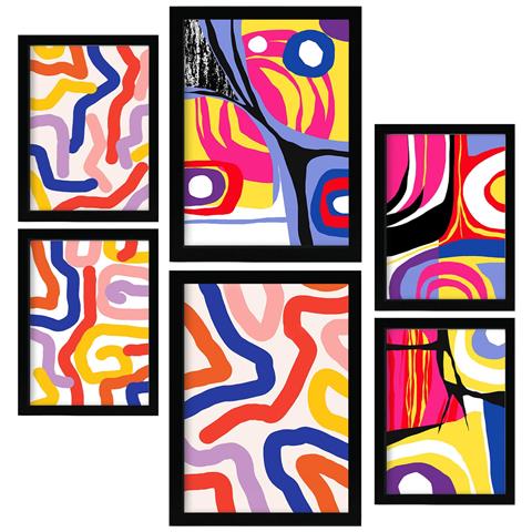 Set Di 6 Stampe Forme Vibranti In Dipinti Decorativi Estetici Astratti Colorati Per Il Tuo Soggiorno A Casa A3 & A4 Cornice Nera - Foto 1