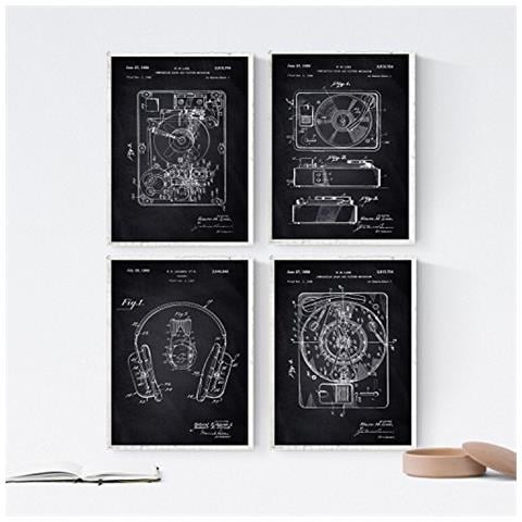 Set Di 4 Stampe Vintage Nero Brevetto Giradischi Vinile Invenzioni Del Xix Secolo E Vecchi Brevetti Oggetti Antichi E D'antiquariato Senza Cornice A4 - Foto 1