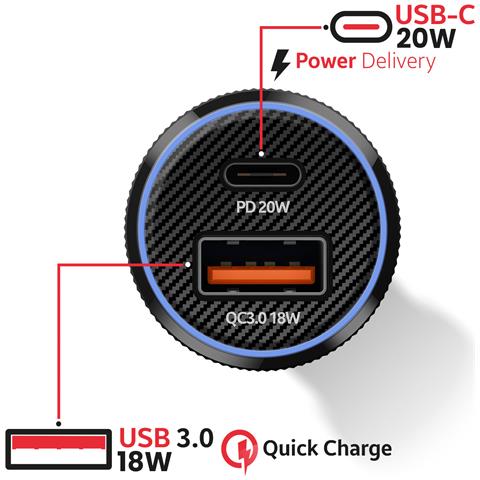 Caricatore Per Auto A Ricarica Rapida 38w Usb-c Power Delivery E Usb 3.0, Nero - Foto 2