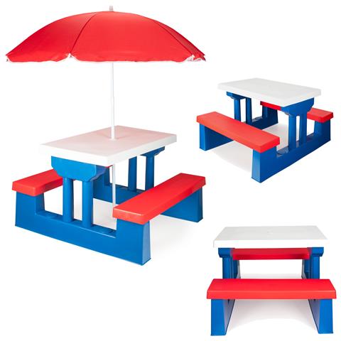 Tavolo picnic da giardino per bambini con ombrellone e panchine, blu e rosso - Foto 4