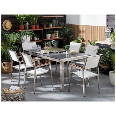 Set Di Tavolo E 6 Sedie Da Giardino In Acciaio, Basalto E Fibra Tessile Bianca - Nero Fiammato - 180cm - Grosseto - Foto 28