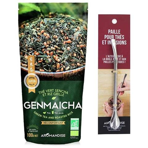 Tè Verde Biologico E Riso Genmaicha 100 G + Cannuccia In Acciaio Inox Con Filtro - Foto 1