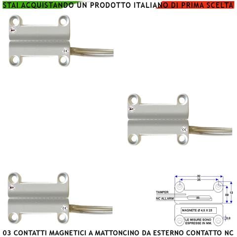 Contatto Magnetico A Mattoncino Da Esterno 3 Pezzi Per Allarme Porte Infissi Contatto Reed Nc Sottovuoto Sensibilità M - Foto 1