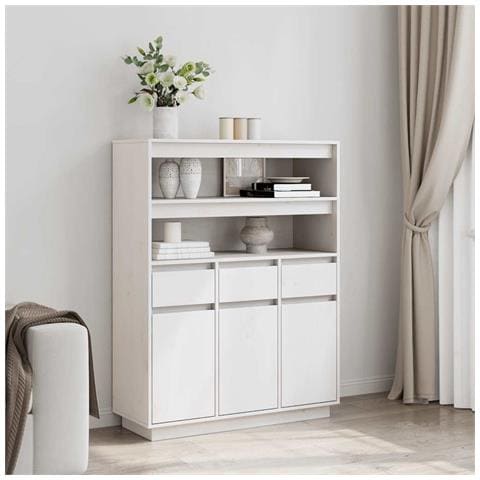 Credenza Bianca 89x34x116,5 Cm In Legno Massello Di Pino - Foto 3