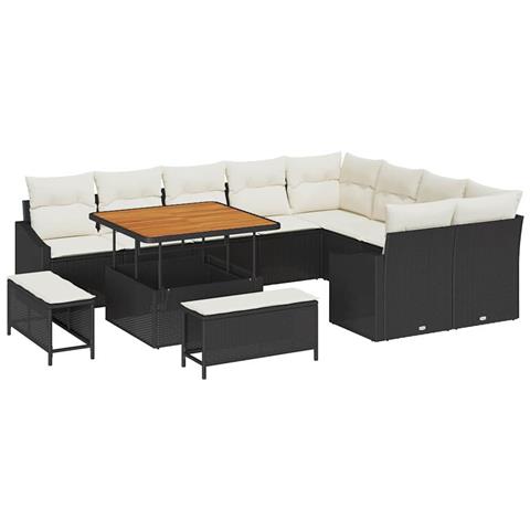 Set Divano da Giardino 12 Pezzi con Cuscini Polyrattan Nero Acacia, Divano da Giardino 2-Persone con Ripostiglio&Cuscini Polyrattan Nero, Set di Mobili da Giardino 3 Pezzi con Cuscini Polyrattan Nero Acacia - Foto 1