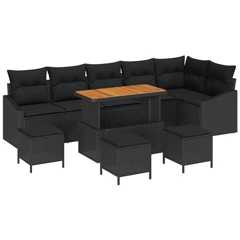 Set Divano da Giardino in 10 Pezzi con Cuscini Nero Polyrattan Acacia, Divano da Giardino a 2 Posti con Cuscini Nero Polyrattan, Set da Pranzo da Giardino in 4 Pezzi con Cuscini Nero Polyrattan Acacia - Foto 1