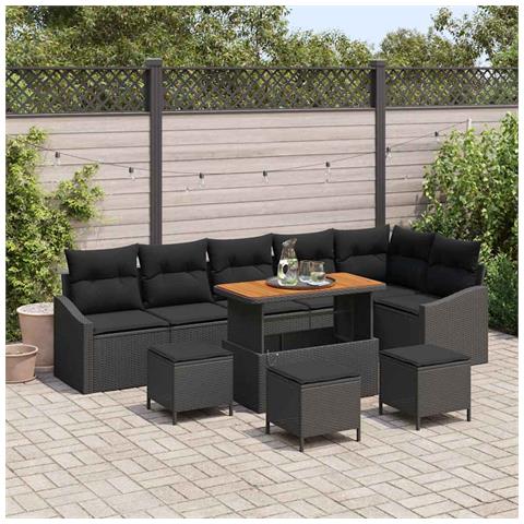 Set Divano da Giardino in 10 Pezzi con Cuscini Nero Polyrattan Acacia, Divano da Giardino a 2 Posti con Cuscini Nero Polyrattan, Set da Pranzo da Giardino in 4 Pezzi con Cuscini Nero Polyrattan Acacia - Foto 2