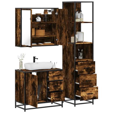 Set Mobili da Bagno 3 pz Rovere Fumo in Legno Multistrato - Foto 2