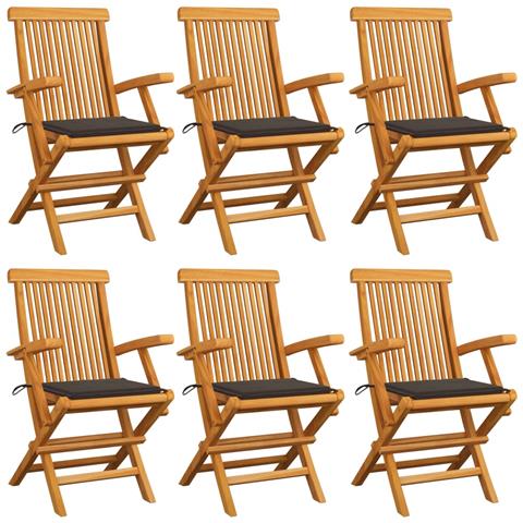 Sedie da Giardino Cuscini Grigio Talpa 6 pz in Massello di Teak - Foto 1