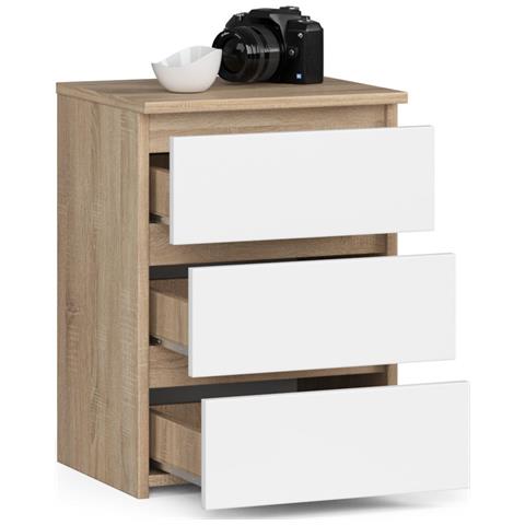 Comodino CL3, 3 cassetti, 40x35x57 cm, Colore Sonoma Quercia e Bianco - Foto 2