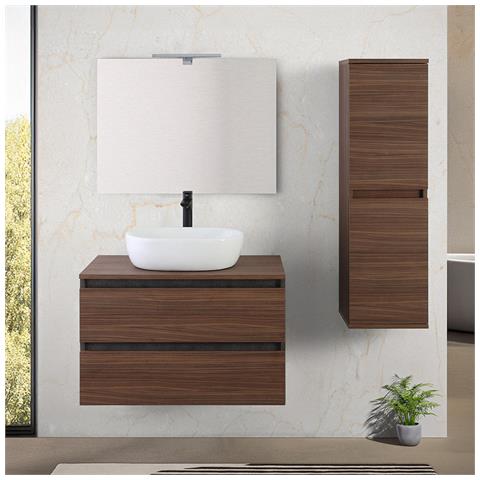 Mobile Bagno Sospeso Con Lavabo Da Appoggio E Specchio 2 Cassetti Salvaspazio, Arredo Bagno In Legno 80 Cm Rovere Canaletto - Foto 2