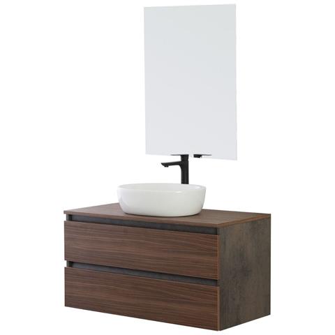 Mobile Bagno Sospeso Con Lavabo Da Appoggio E Specchio 2 Cassetti Salvaspazio, Arredo Bagno In Legno 80 Cm Rovere Canaletto - Foto 1