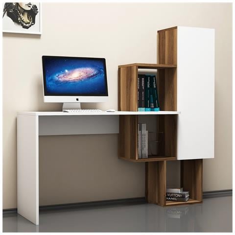 Turku Scrivania Funzionale Con 6 Scomparti Di Stoccaggio - Legno E Bianco - Foto 2