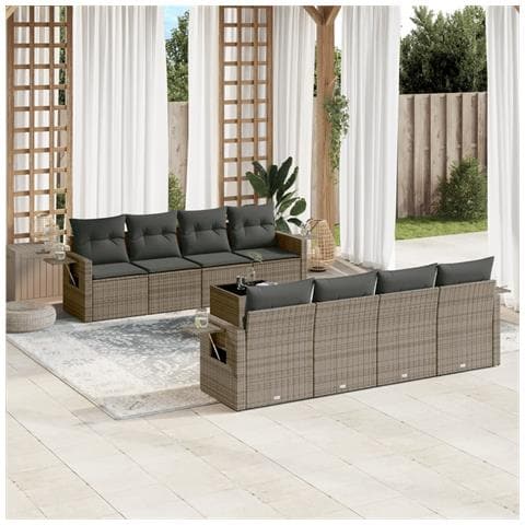 Set Divano Da Giardino 9 Pz Con Cuscini Grigio In Polyrattan - Foto 1