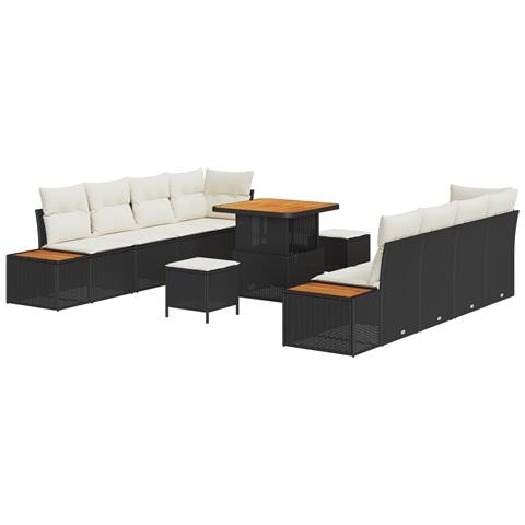 Set di divano da giardino vitaXL con cuscini neri in polyrattan acacia, Set da pranzo da giardino vitaXL in 3 pezzi con cuscini neri in polyrattan acacia - Foto 1