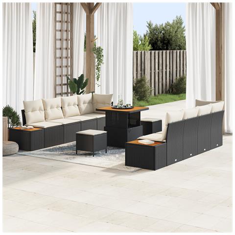 Set di divano da giardino vitaXL con cuscini neri in polyrattan acacia, Set da pranzo da giardino vitaXL in 3 pezzi con cuscini neri in polyrattan acacia - Foto 2