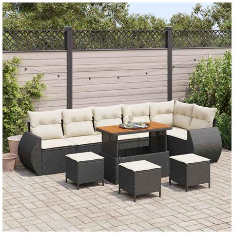 Set Divano da Giardino in 10 Pezzi con Cuscini Nero Polyrattan Acacia, Set da Pranzo da Giardino in 4 Pezzi con Cuscini Nero Polyrattan Acacia - Foto 2