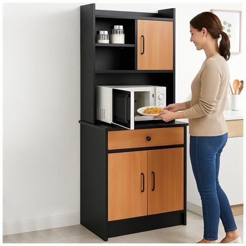 Armadio Da Cucina Alto Credenza Multiuso Mobile Salvaspazio Nero E Quercia - Foto 1