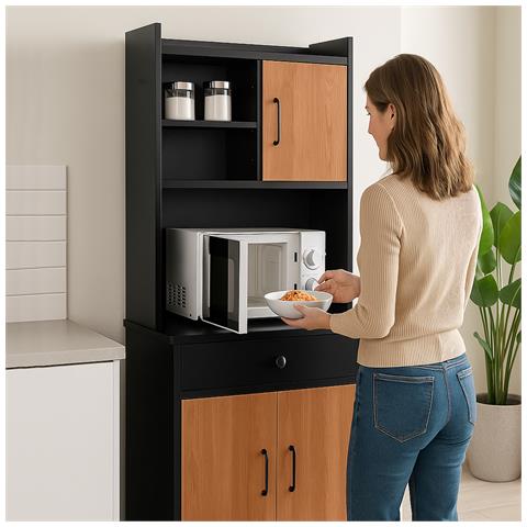 Armadio Da Cucina Alto Credenza Multiuso Mobile Salvaspazio Nero E Quercia - Foto 5