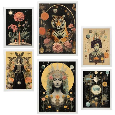 Set Di 6 Stampe Dipinto Decorativo Collage Surreale In Mistico Esoterico Nero Beige Incorniciato Con Illustrazioni A3 & A4 Cornice Bianca - Foto 1