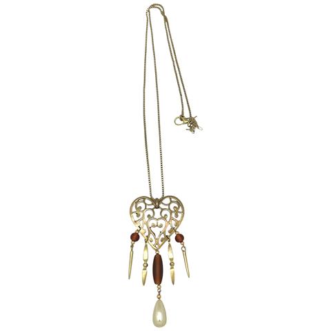 Collana Lunga Con Ciondolo A Cuore Con Perle E Cristallo, Argento 10µ - Foto 1