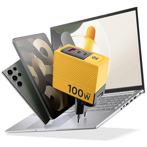 Caricabatterie Da Parete Gan Giallo Usb-c 100w + Usb 60w, Nero / Giallo - Foto 2