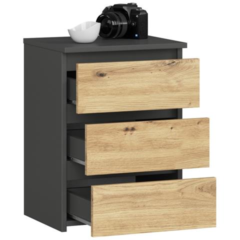 Comodino CL3, 3 cassetti, 40x35x57 cm, Colore Grigia Grafite e Quercia Artisan - Foto 2